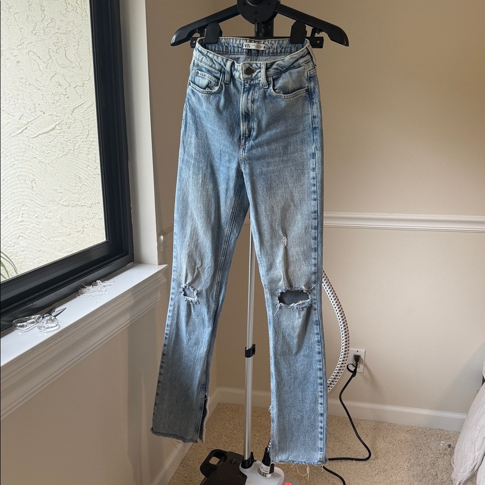 Zara Light Blue Distressed flare Leg Jeans with slits